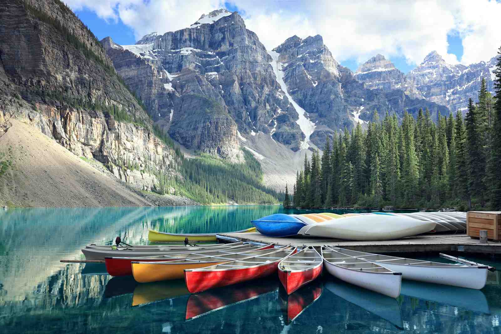 Serene Lake Canoes & Majestic Mountains Wall Art