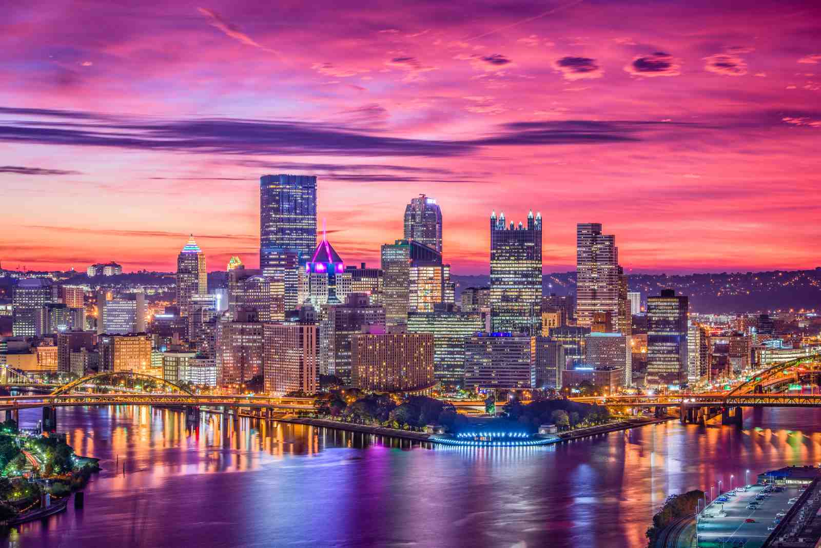 Vibrant Pittsburgh Skyline at Sunset Wall Art