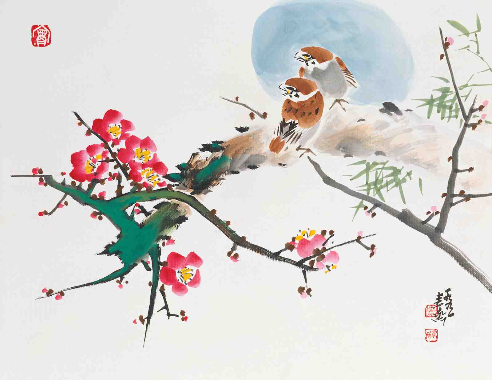 Serene Sparrows & Plum Blossoms Wall Art