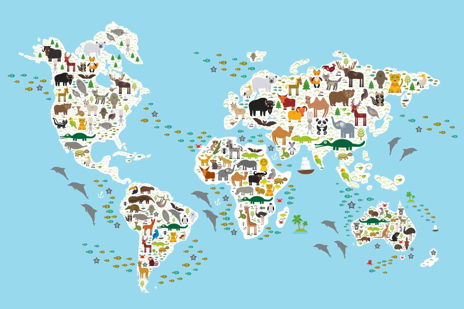 Whimsical World Animals Map Wall Art