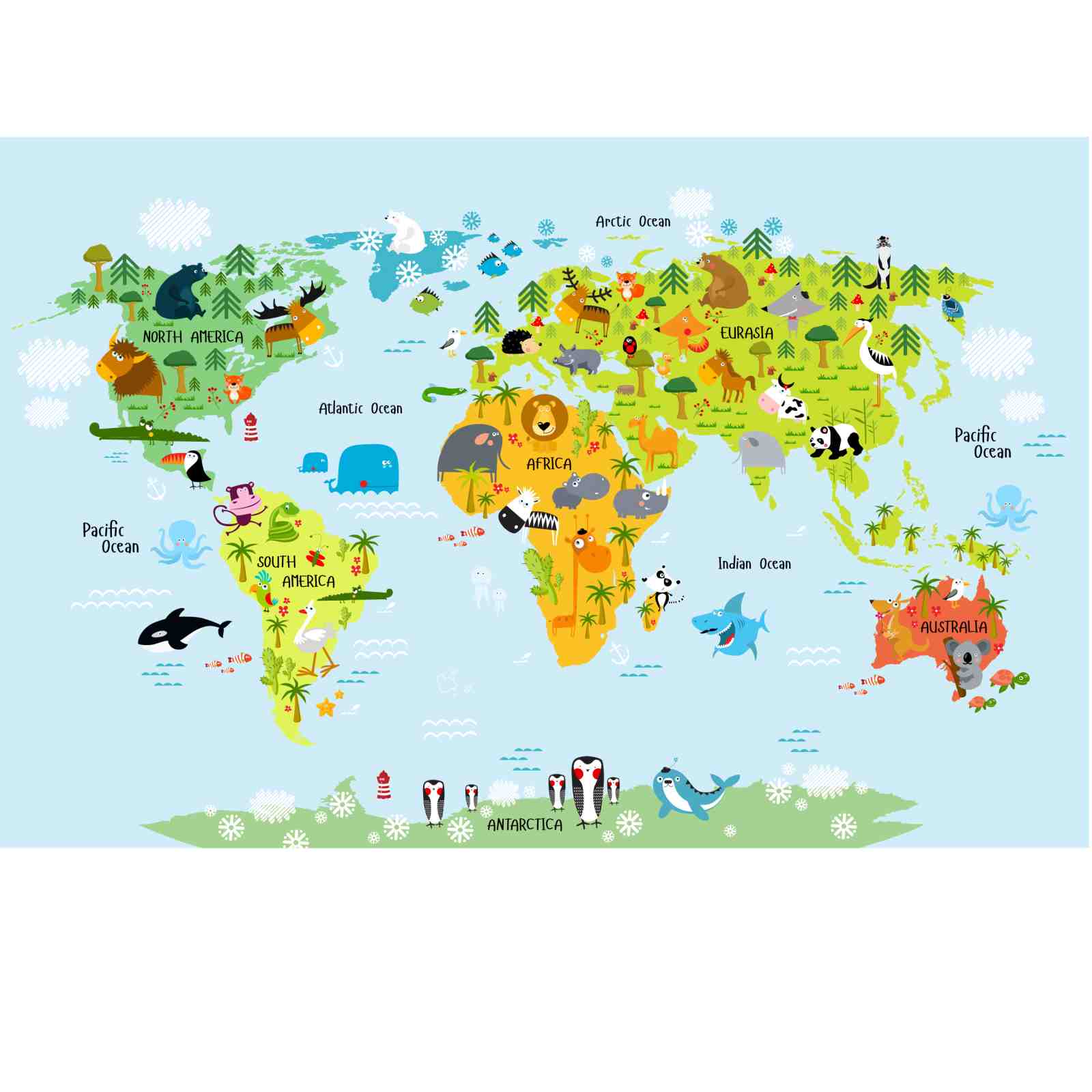 Cute Animal World Map Wall Art for Kids
