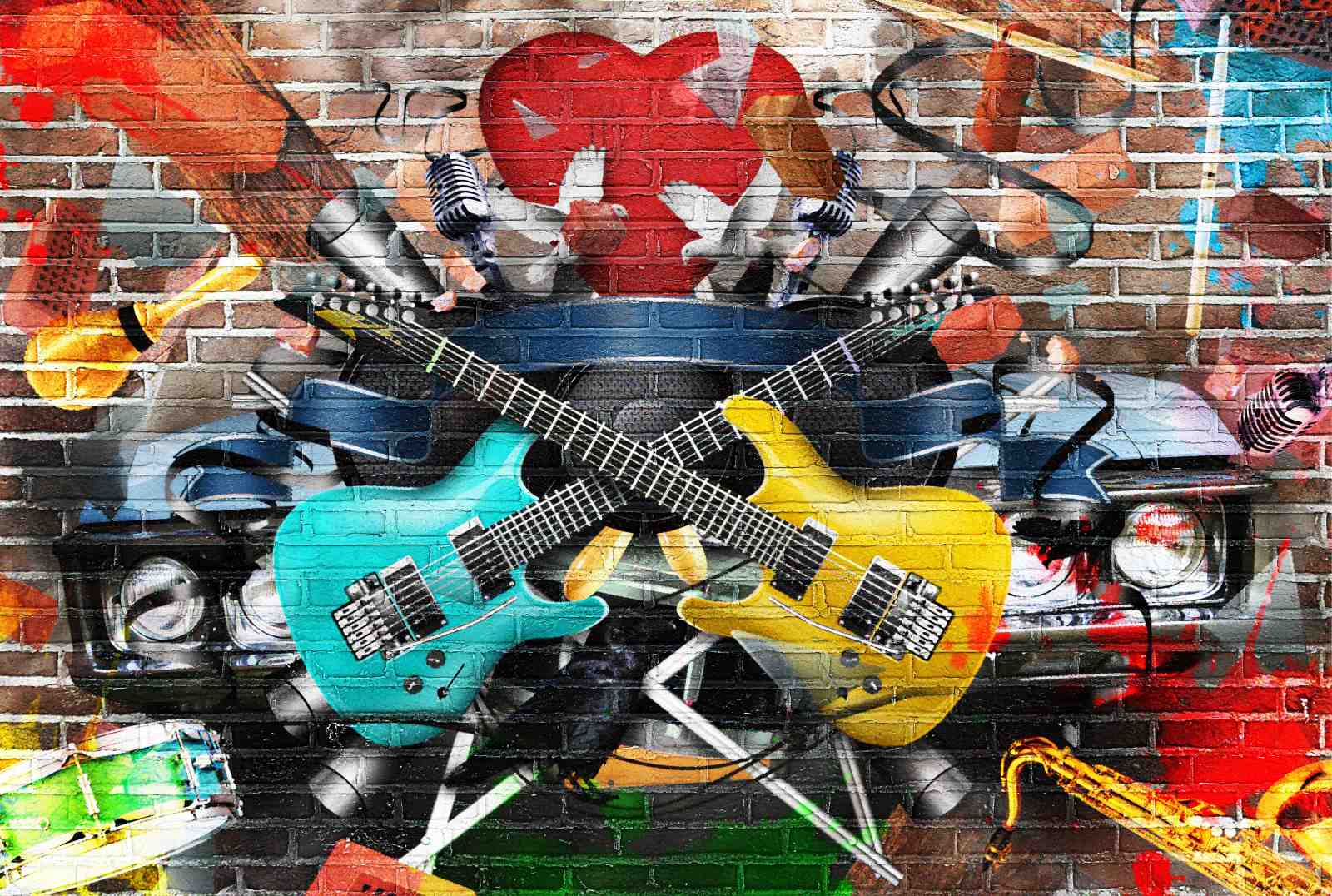 Vibrant Rock & Roll Guitars Graffiti Wall Art
