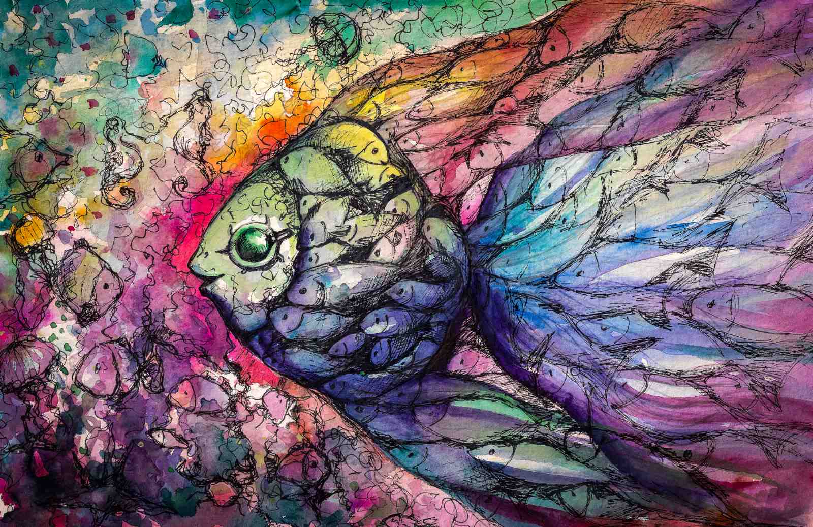 Whimsical Fish Swirl Watercolor Wall Art