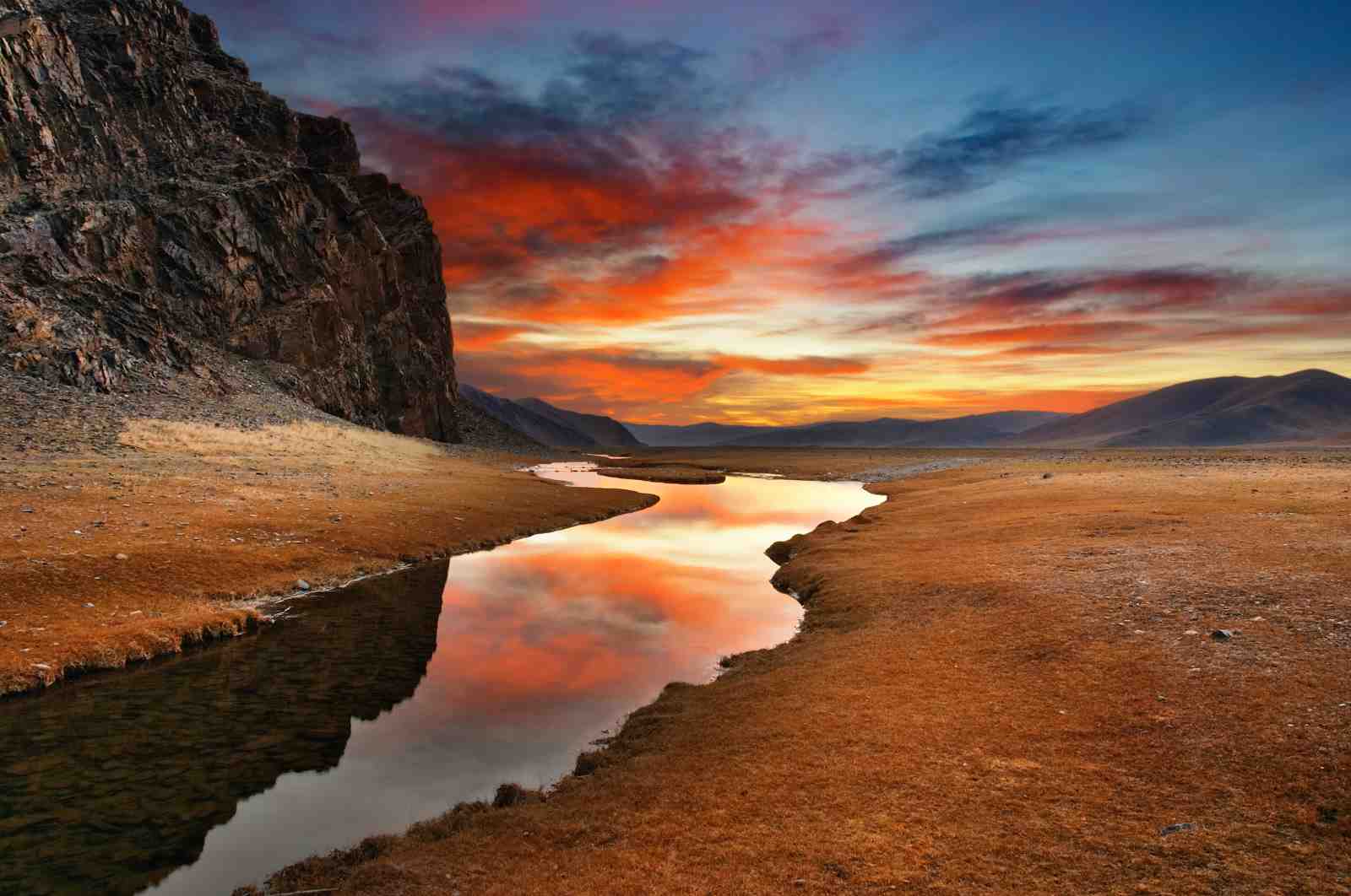 Serene Mountain River Sunset Wall Art