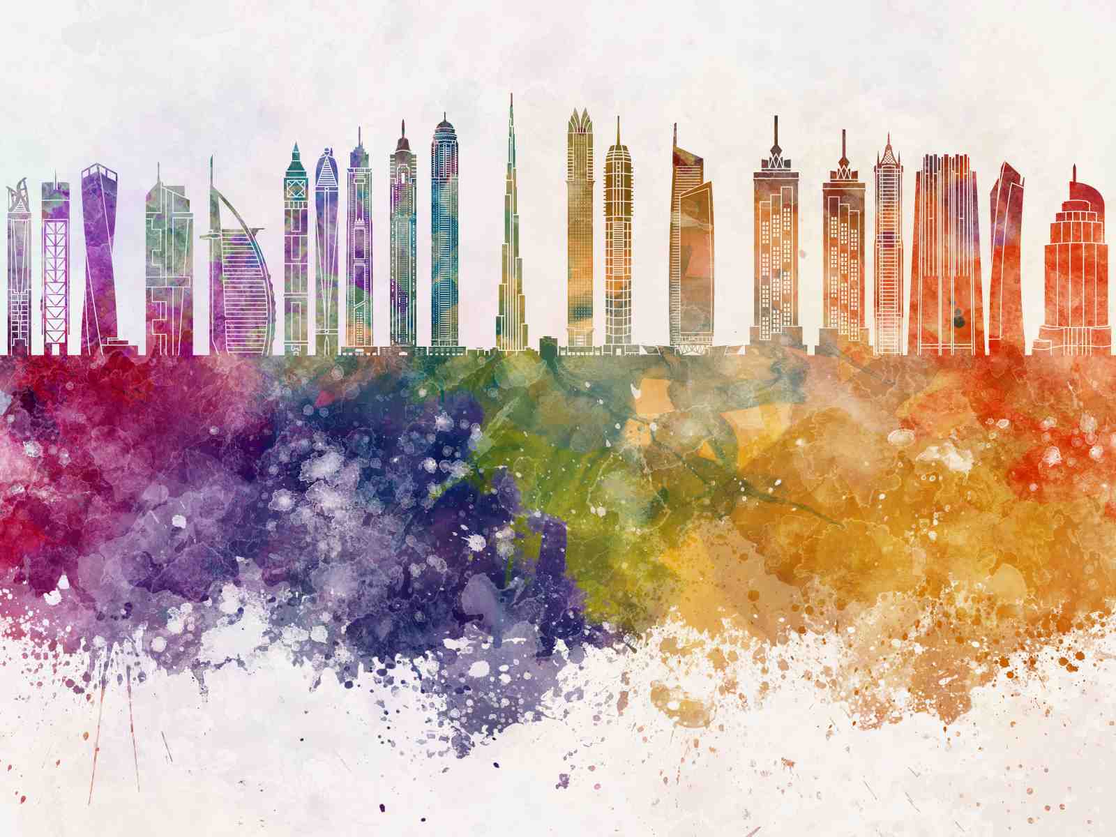Vibrant Dubai Skyline Watercolor Wall Art