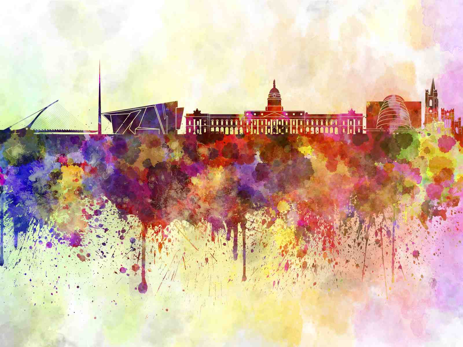 Vibrant Dublin Skyline Watercolor Wall Art