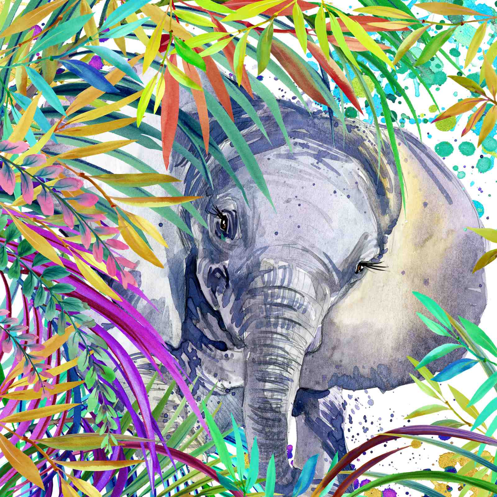 Vibrant Elephant Jungle Watercolor Wall Art