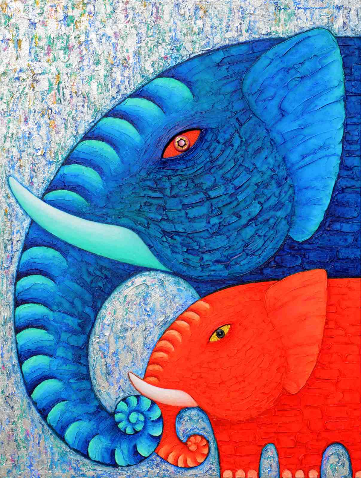 Vibrant Elephant Duo Textured Wall Art