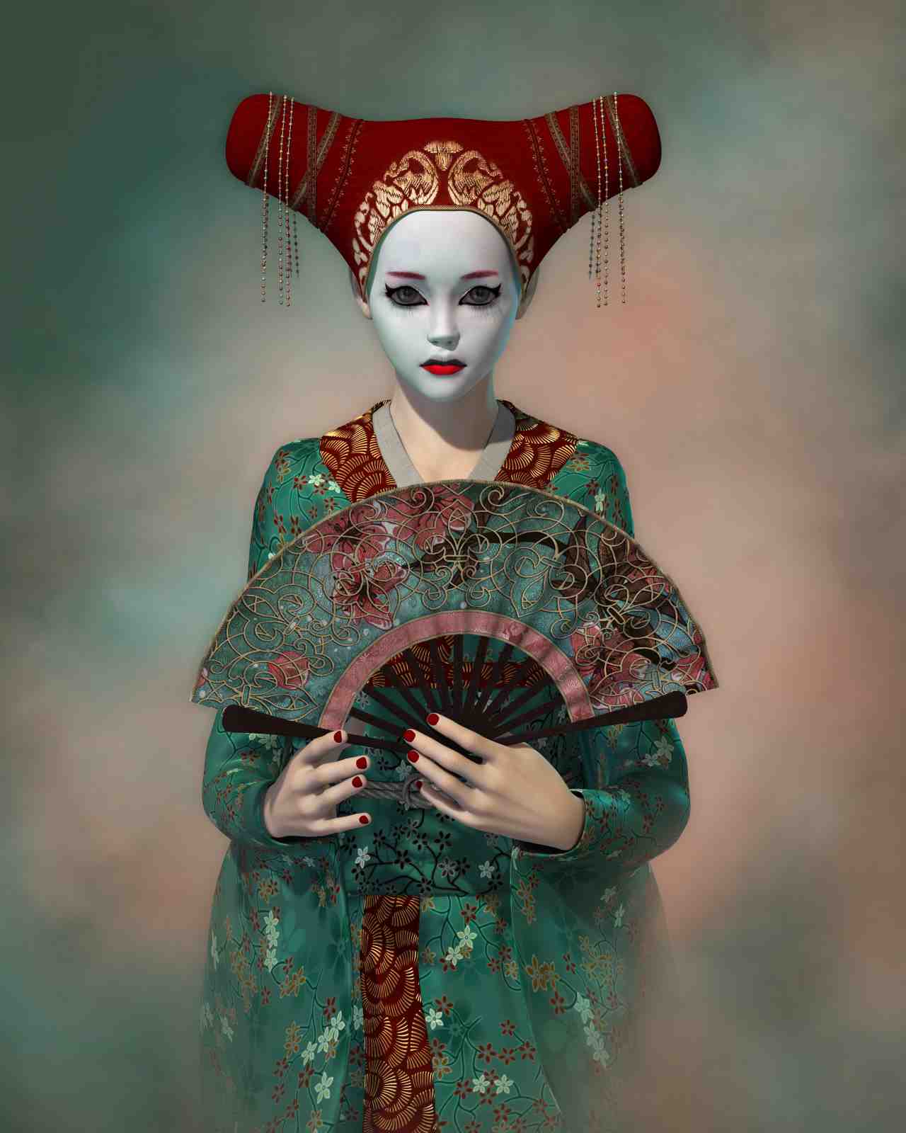 Geisha Enigmatic Beauty Red & Green Wall Art