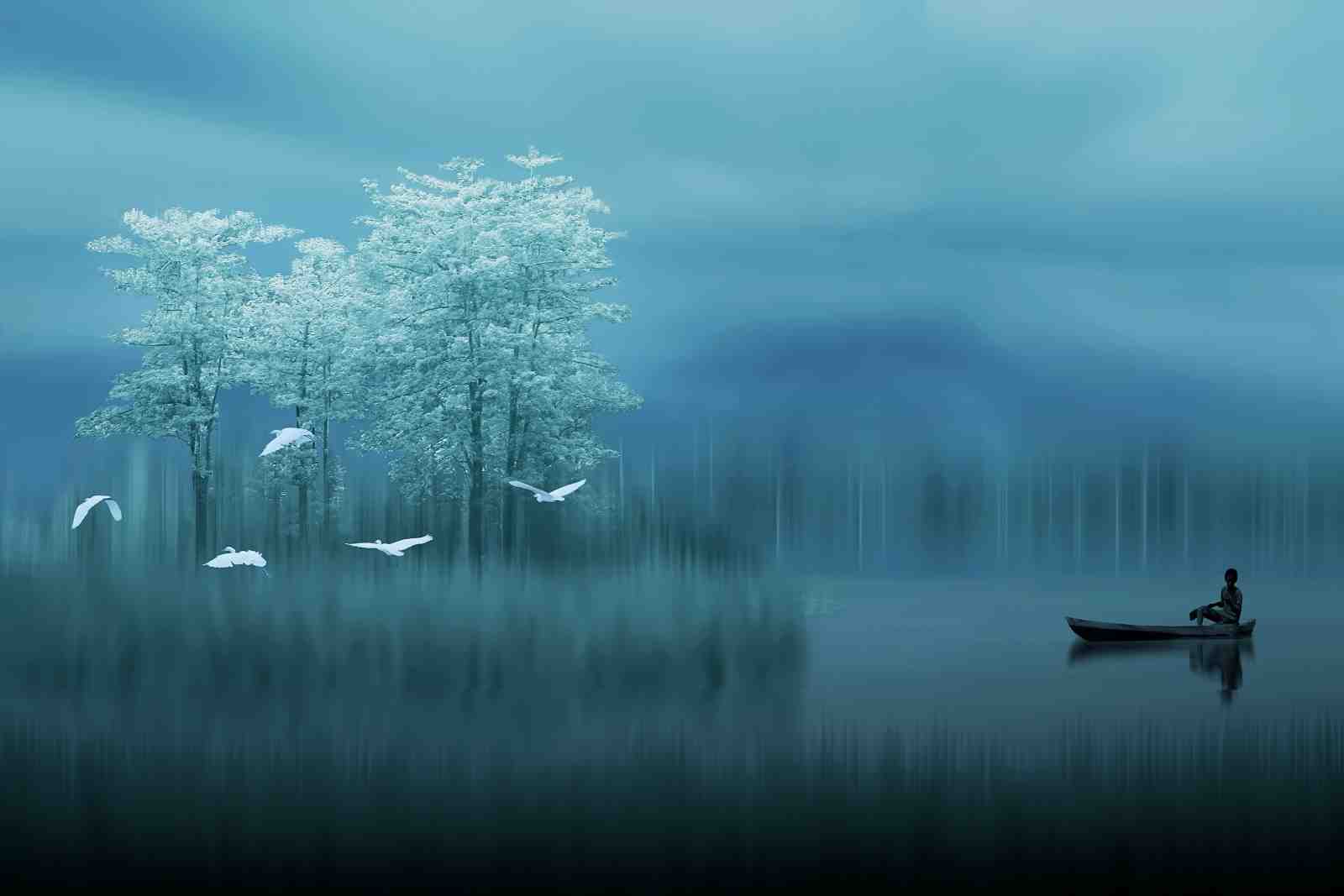 Serene Winter Lake Wall Art with Flying Birds