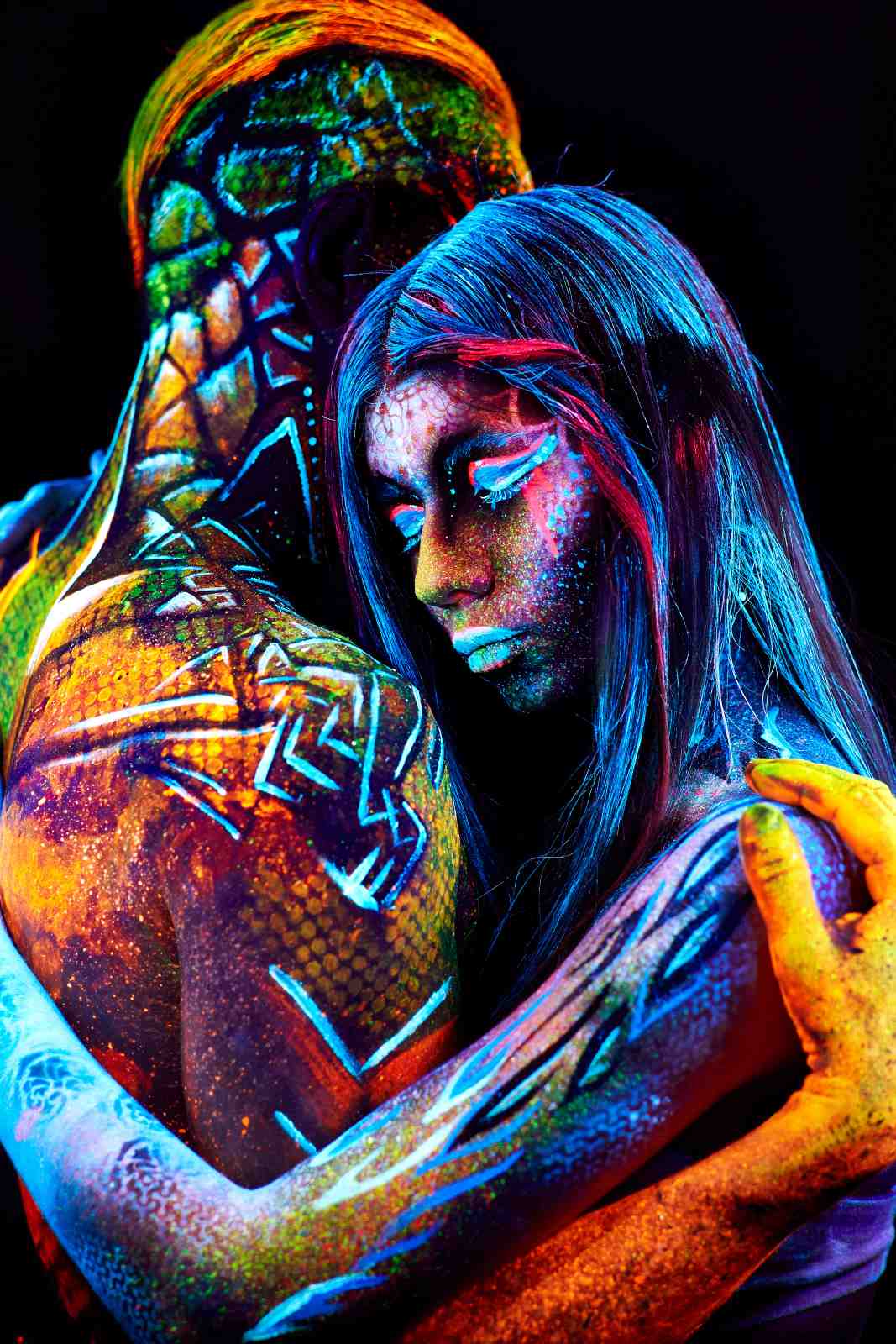 Vibrant UV Body Art Couple Hugging Wall Art