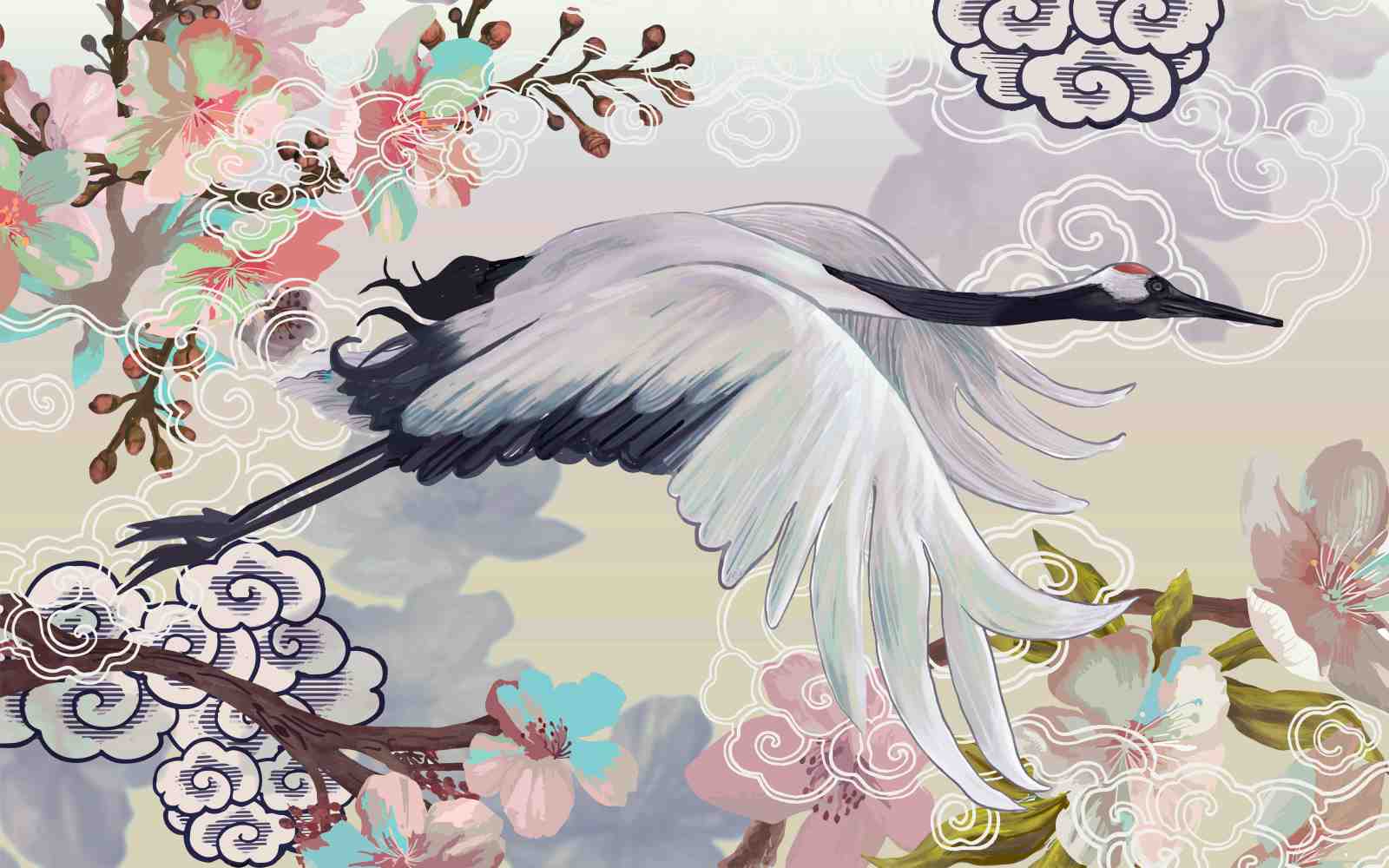 Serene Crane & Cherry Blossom Wall Art