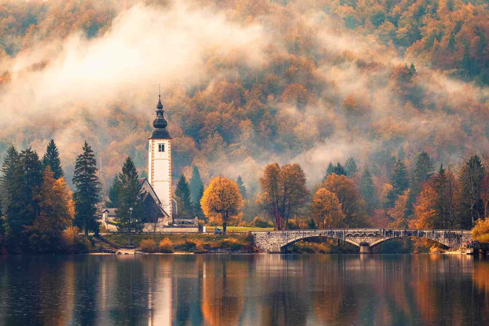 Serene Lakeside Church Autumn View Wall Art