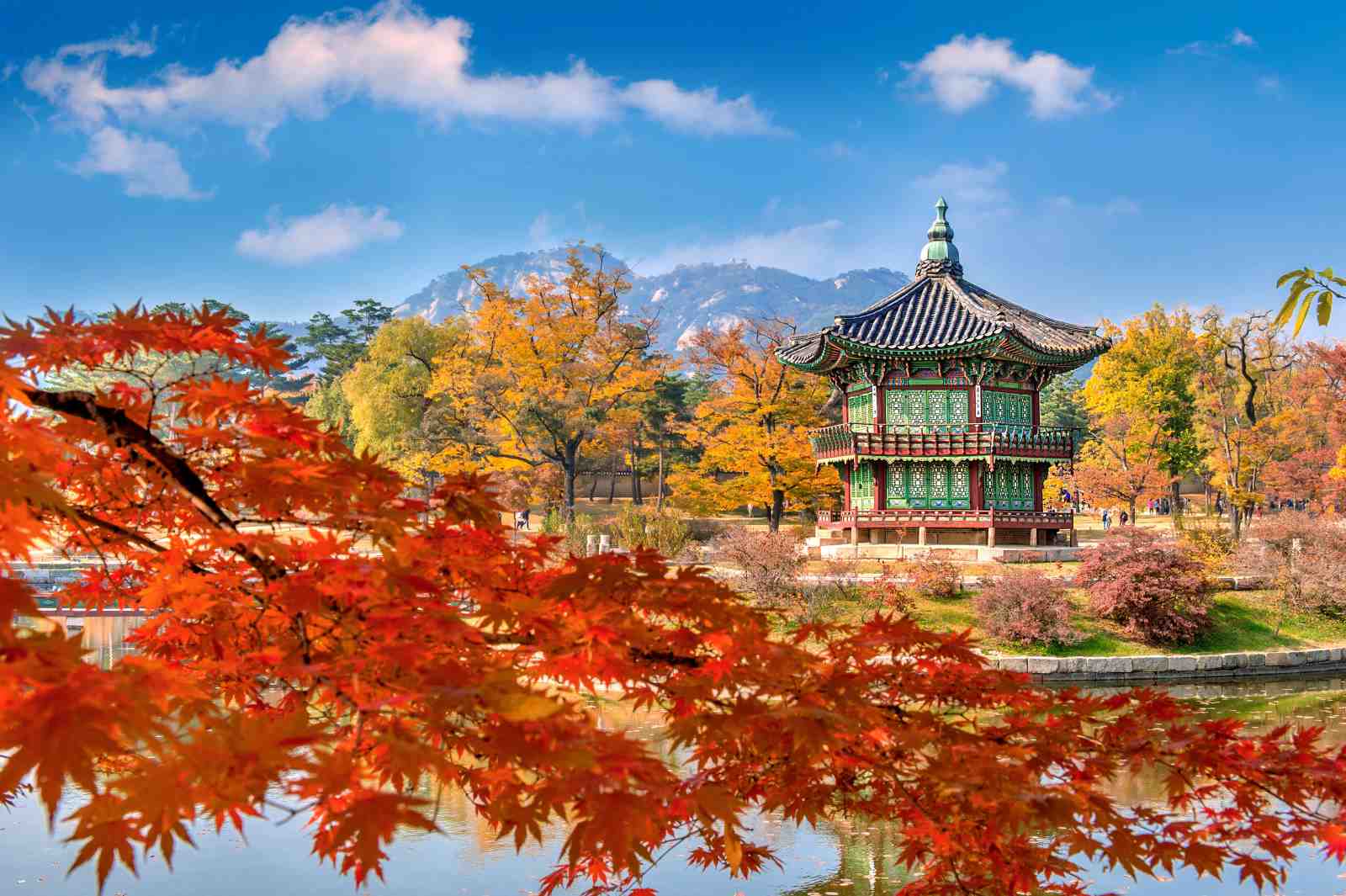 Vibrant Autumn Pagoda & Maple Korean Landscape Wall Art