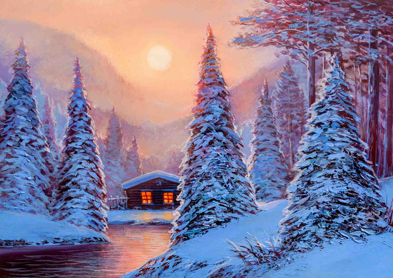 Cozy Winter Cabin Sunset Snow Trees Wall Art