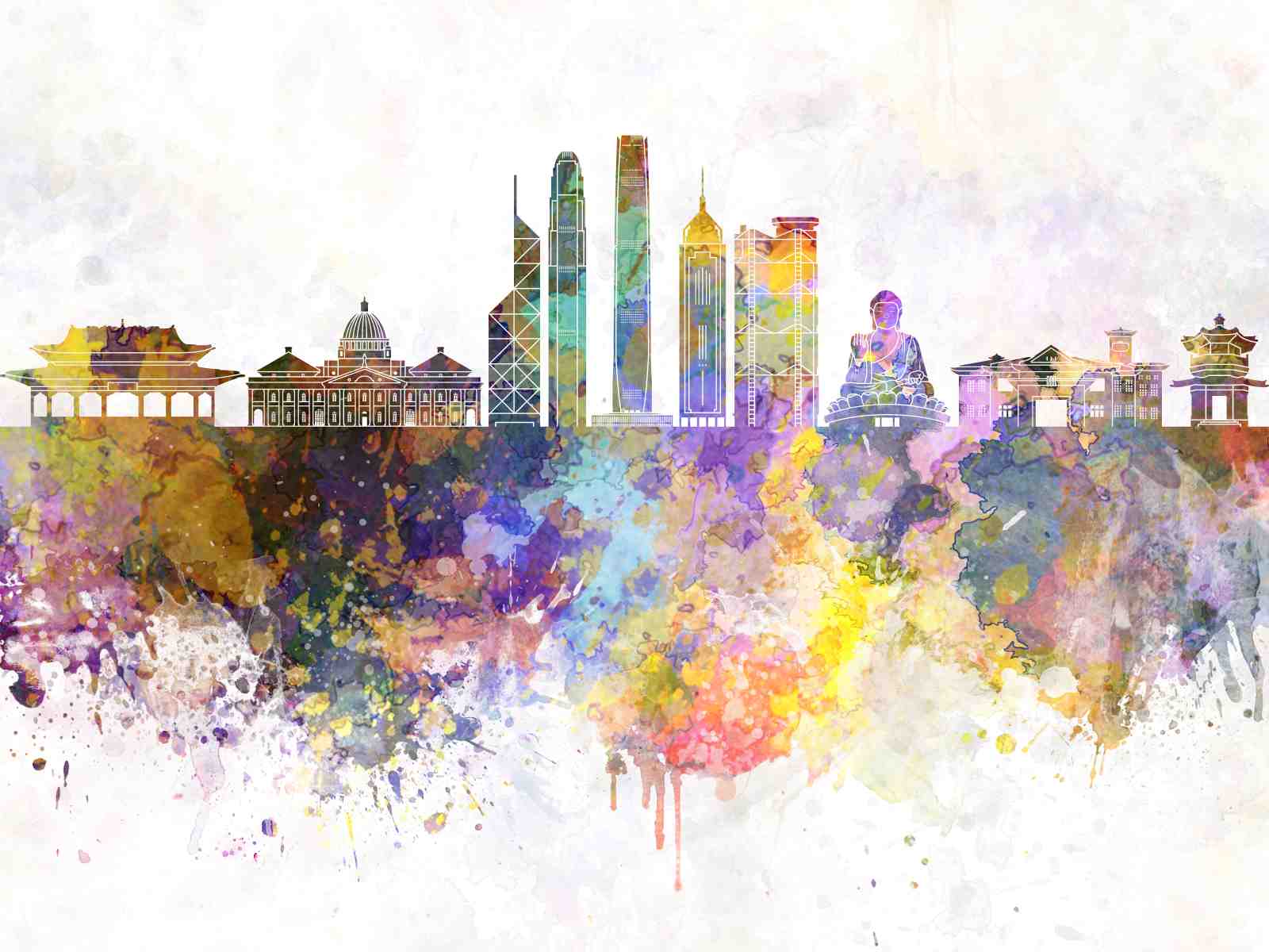 Vibrant Hong Kong Skyline Watercolor Wall Art