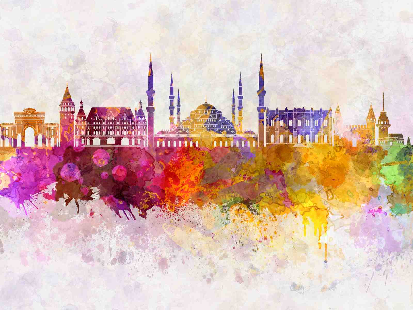 Vibrant Istanbul Skyline Watercolor Wall Art