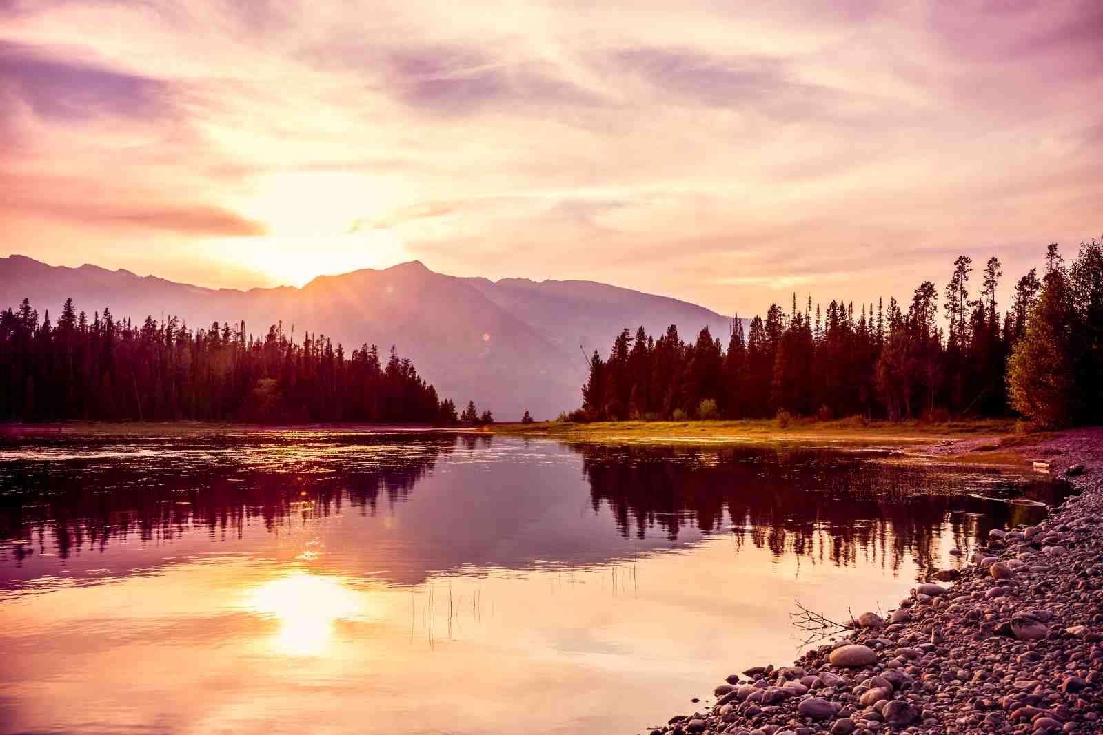 Serene Sunset Lake Mountain Landscape Wall Art