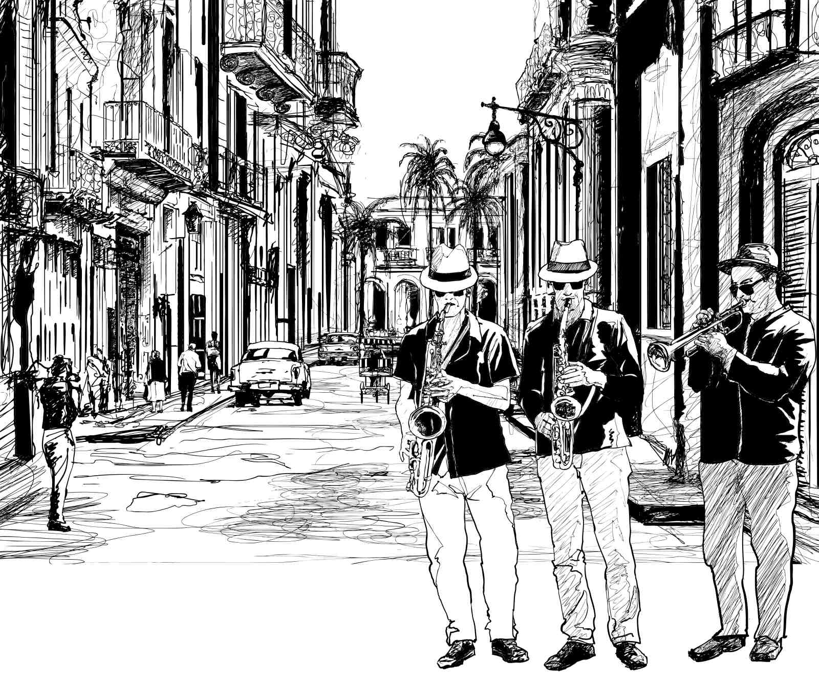Cuban Street Jazz Trio Black & White Wall Art