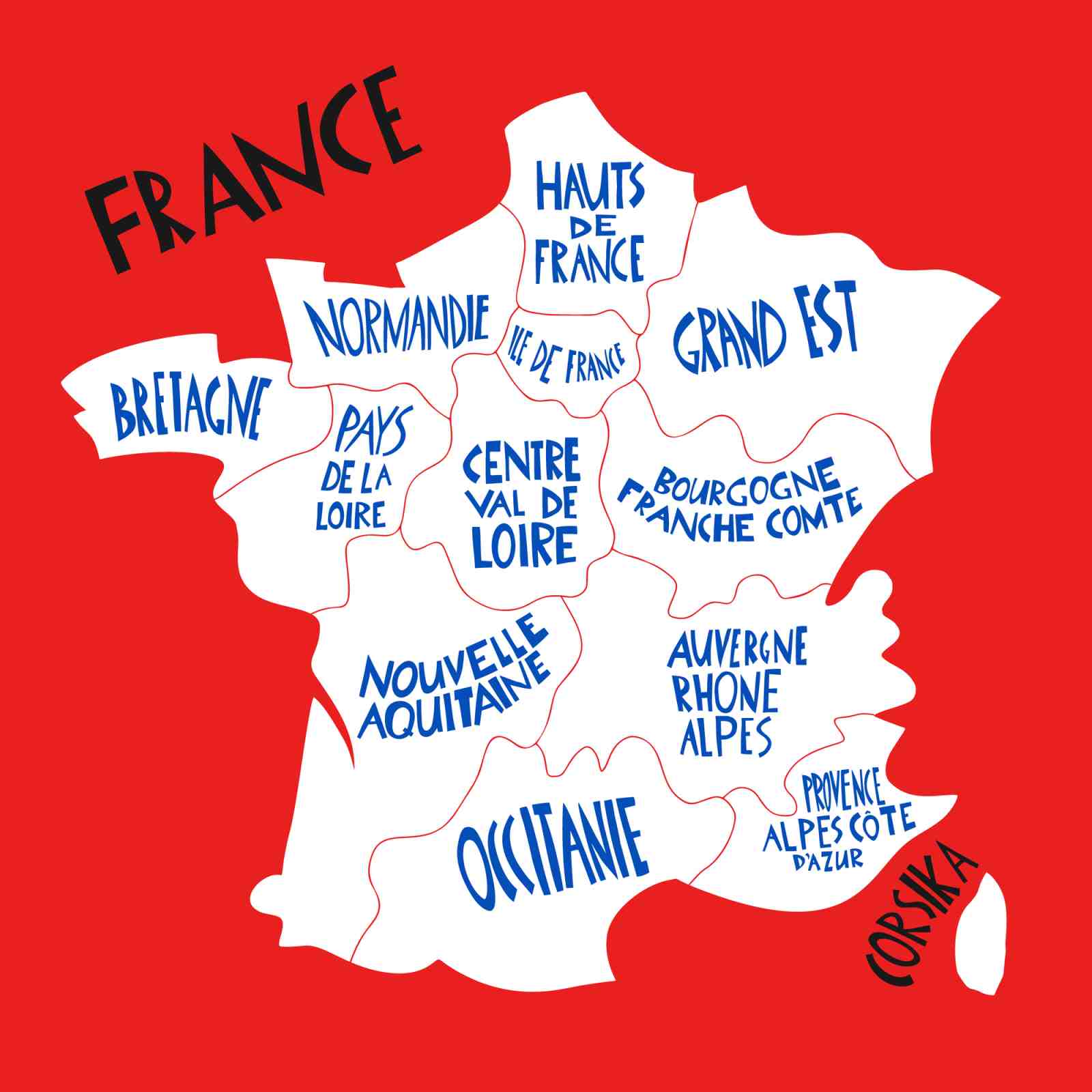 Artistic France Regions Map Wall Art