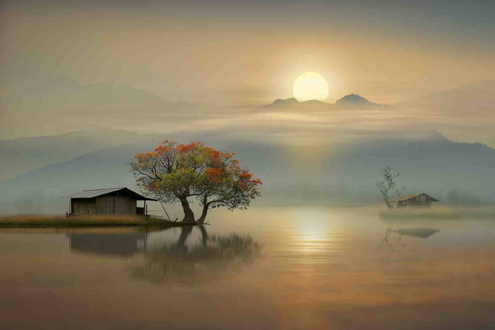Serene Misty Lake Serenity Tree Wall Art