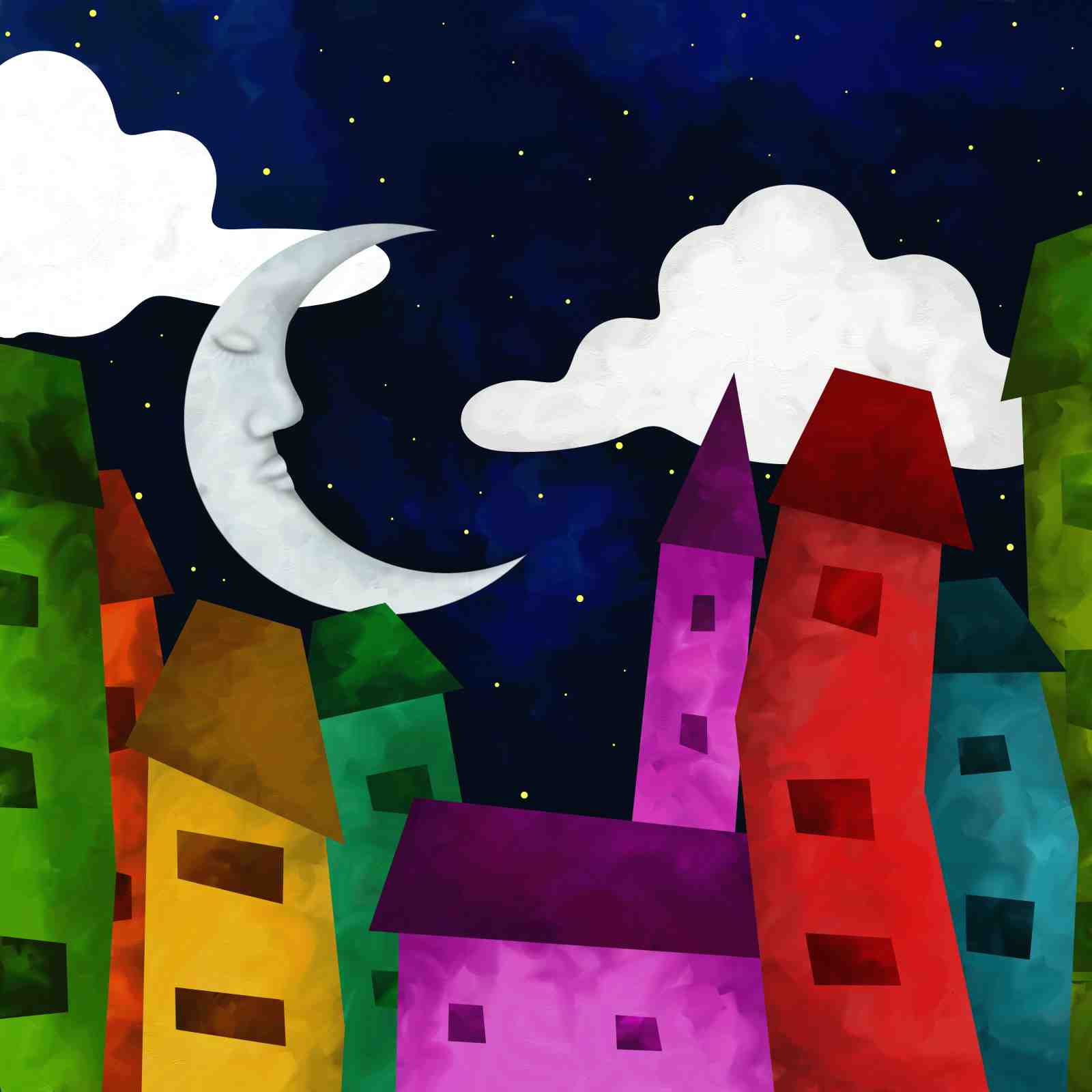 Whimsical Moon Cityscape Wall Art