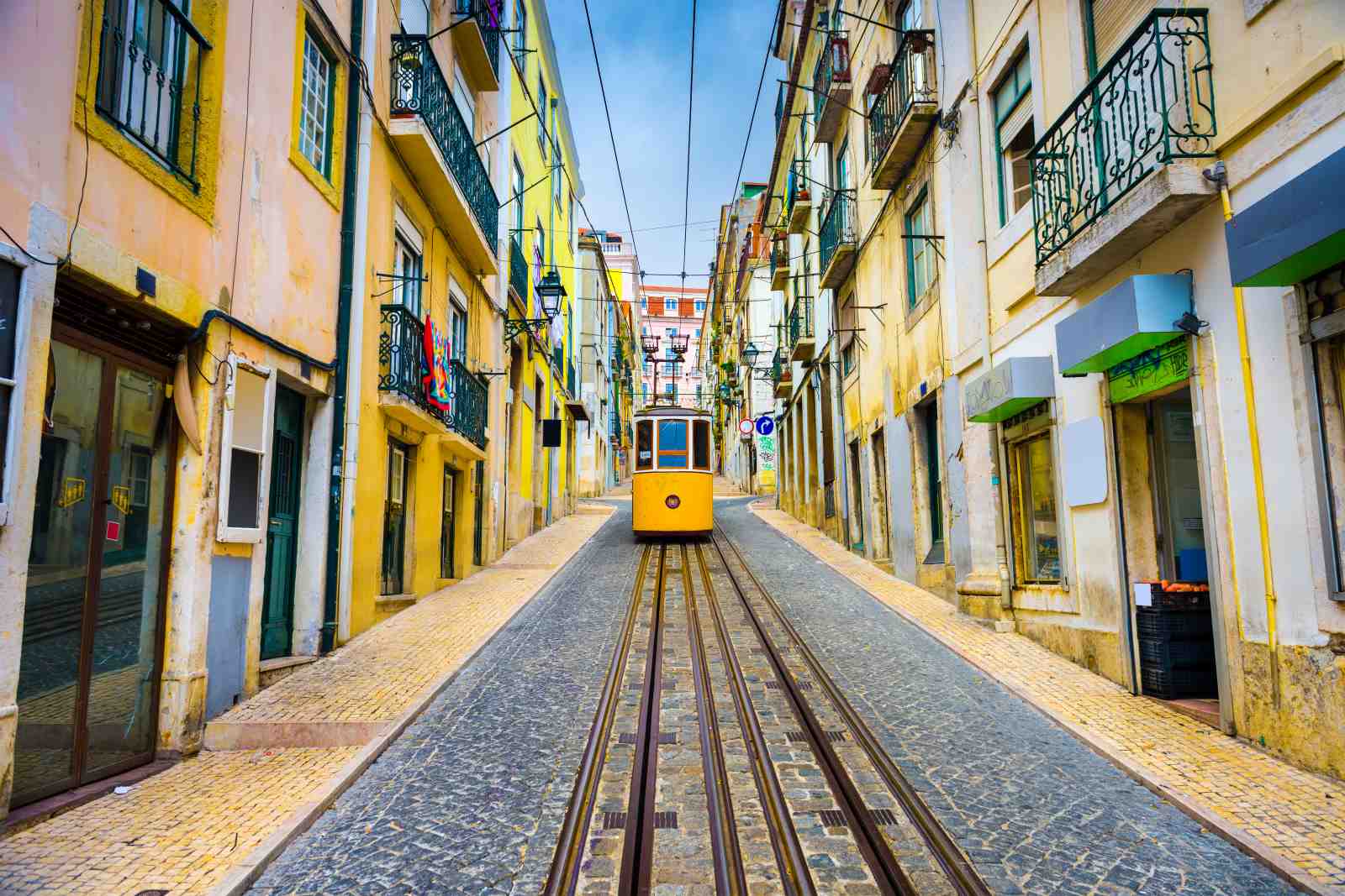 Lisbon Funicular & Yellow Buildings Wall Art