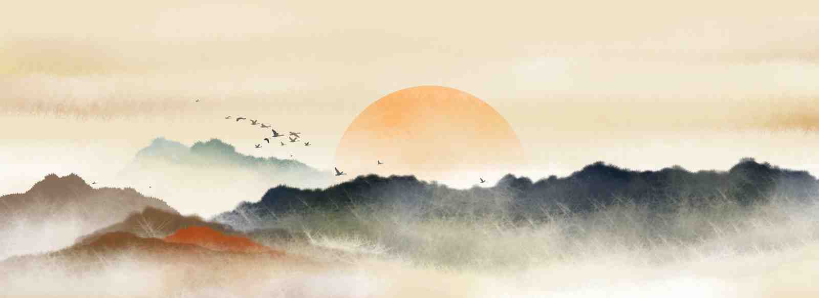 Serene Mountain Landscape Birds Wall Art