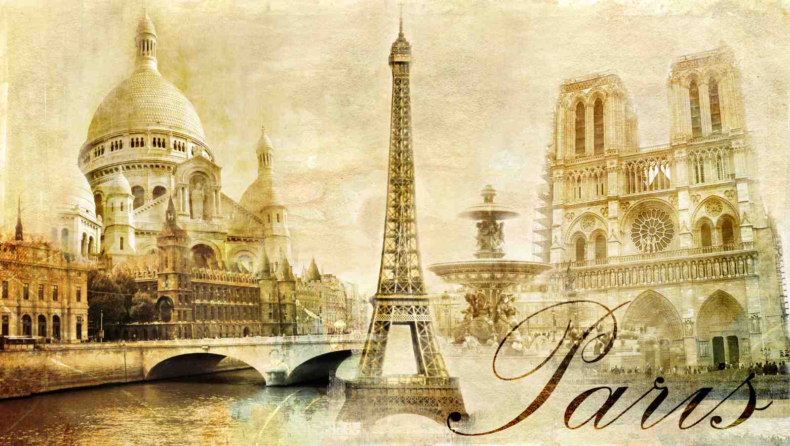 Vintage Paris Collage Eiffel Tower Notre Dame Wall Art