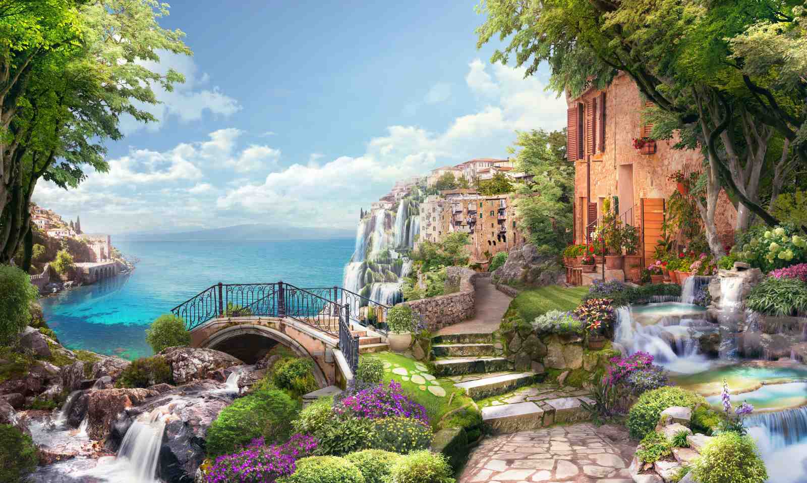 Serene Coastal Village Waterfall Wall Art