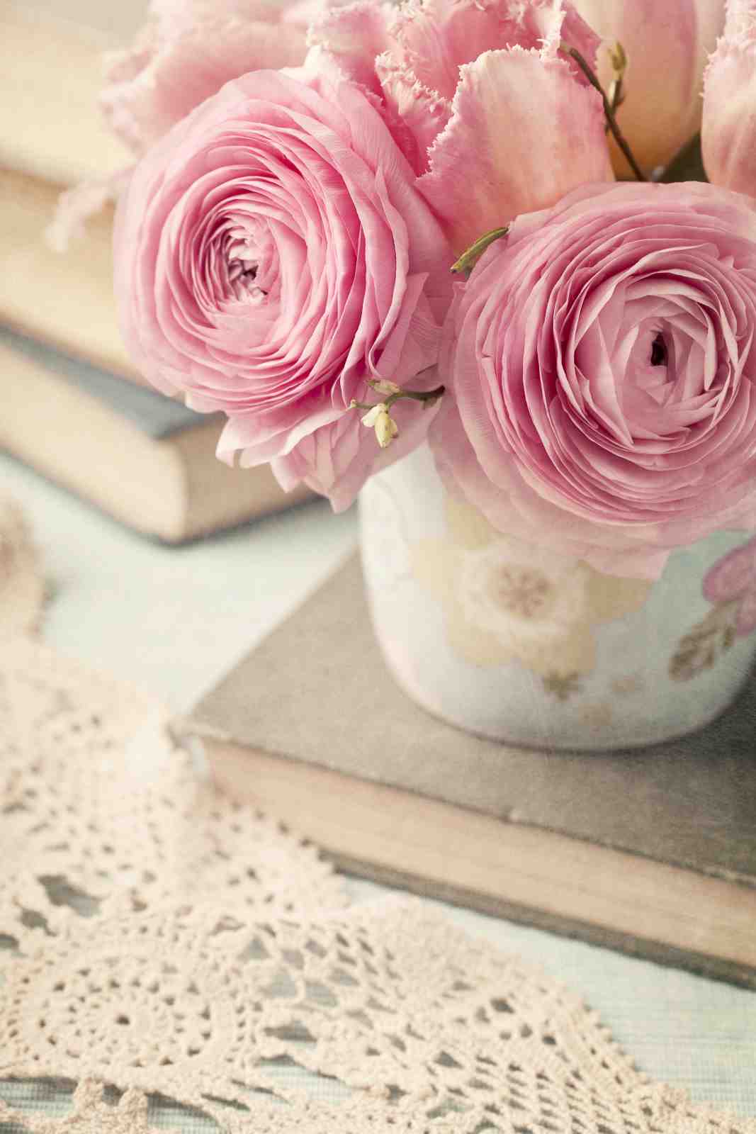 Soft Pink Roses & Books Vintage Wall Art