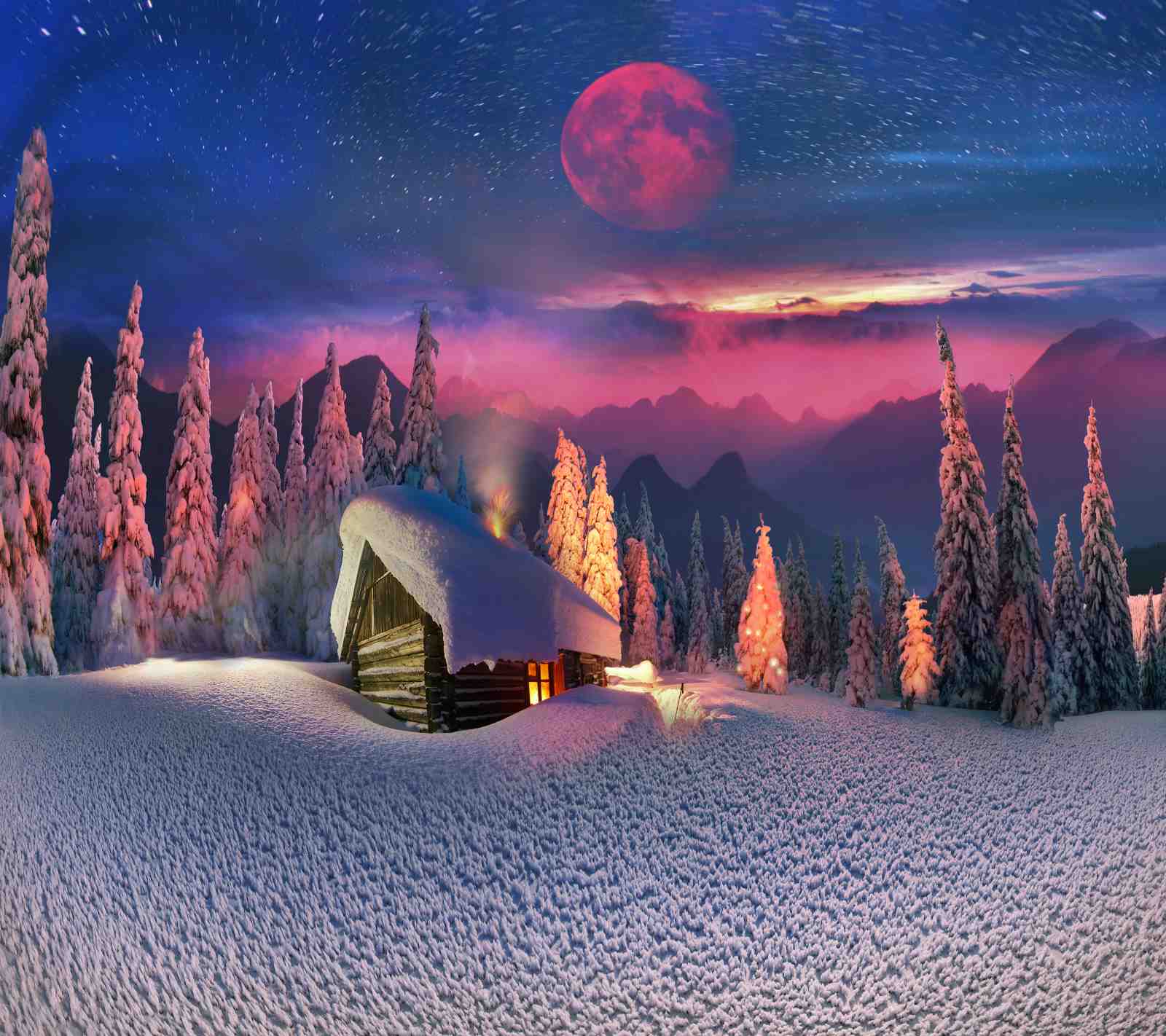 Enchanted Winter Cabin Red Moon Wall Art