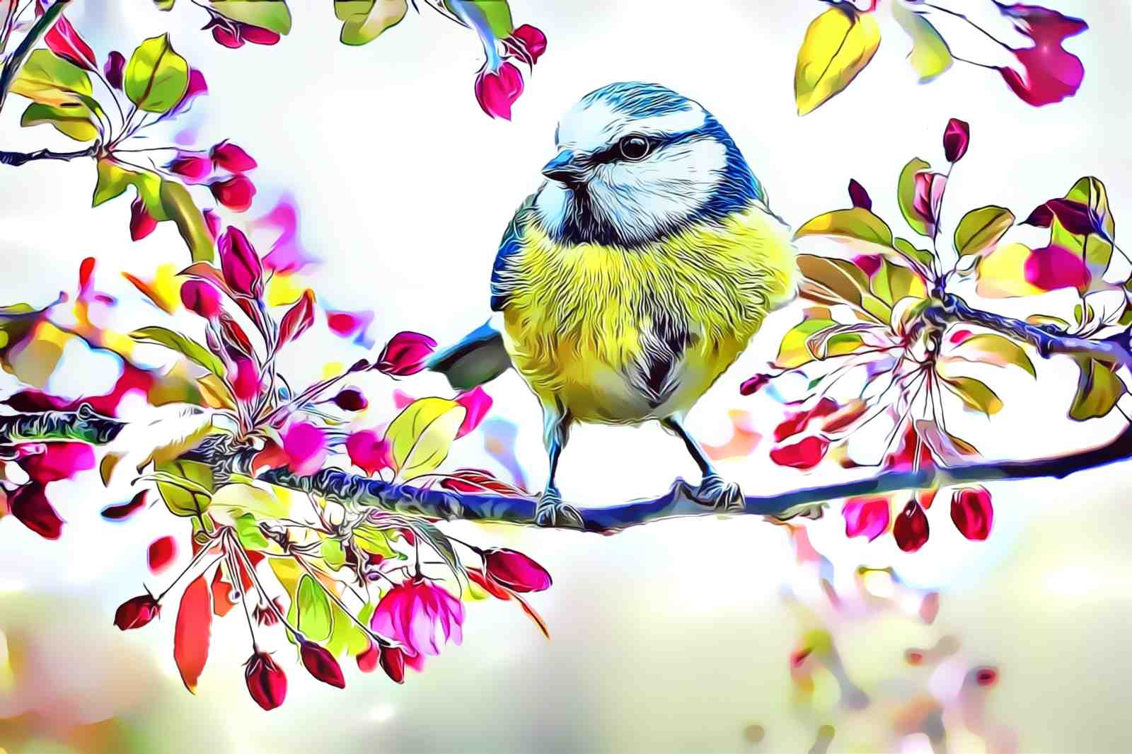 Vibrant Blue Tit Spring Blossom Wall Art