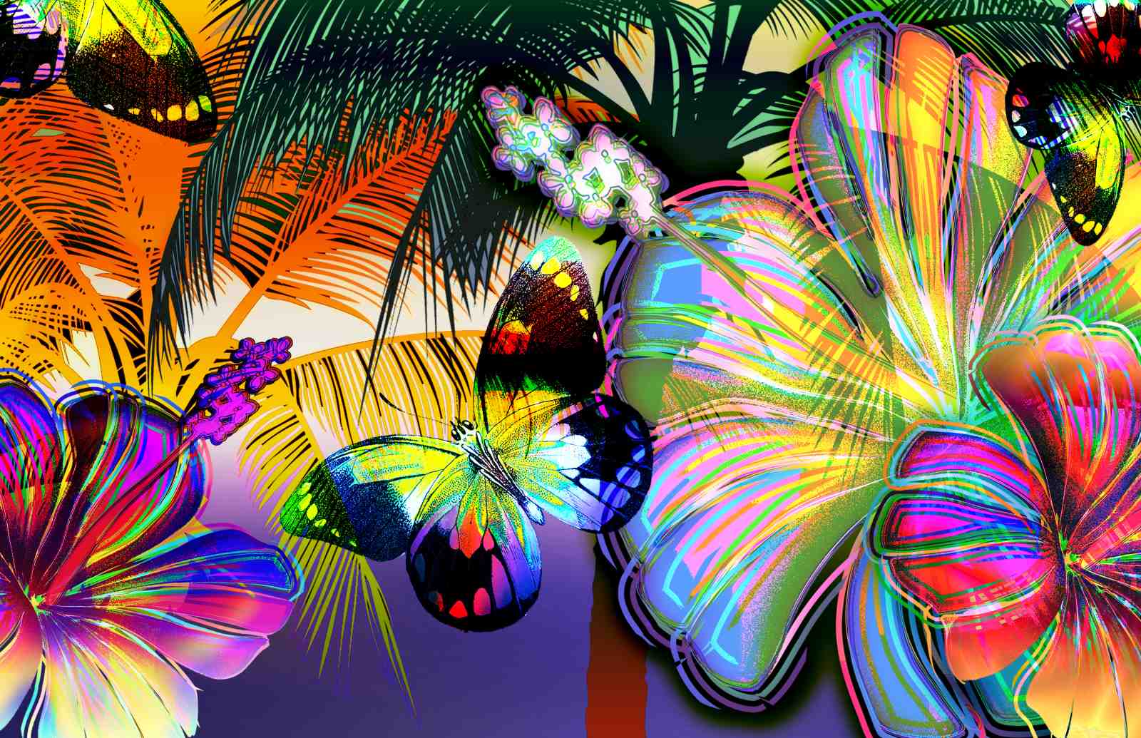 Vibrant Tropical Butterfly & Hibiscus Wall Art