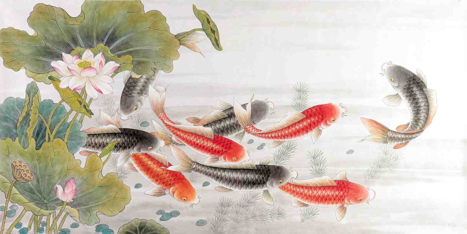 Vibrant Koi Pond Lotus Floral Wall Art