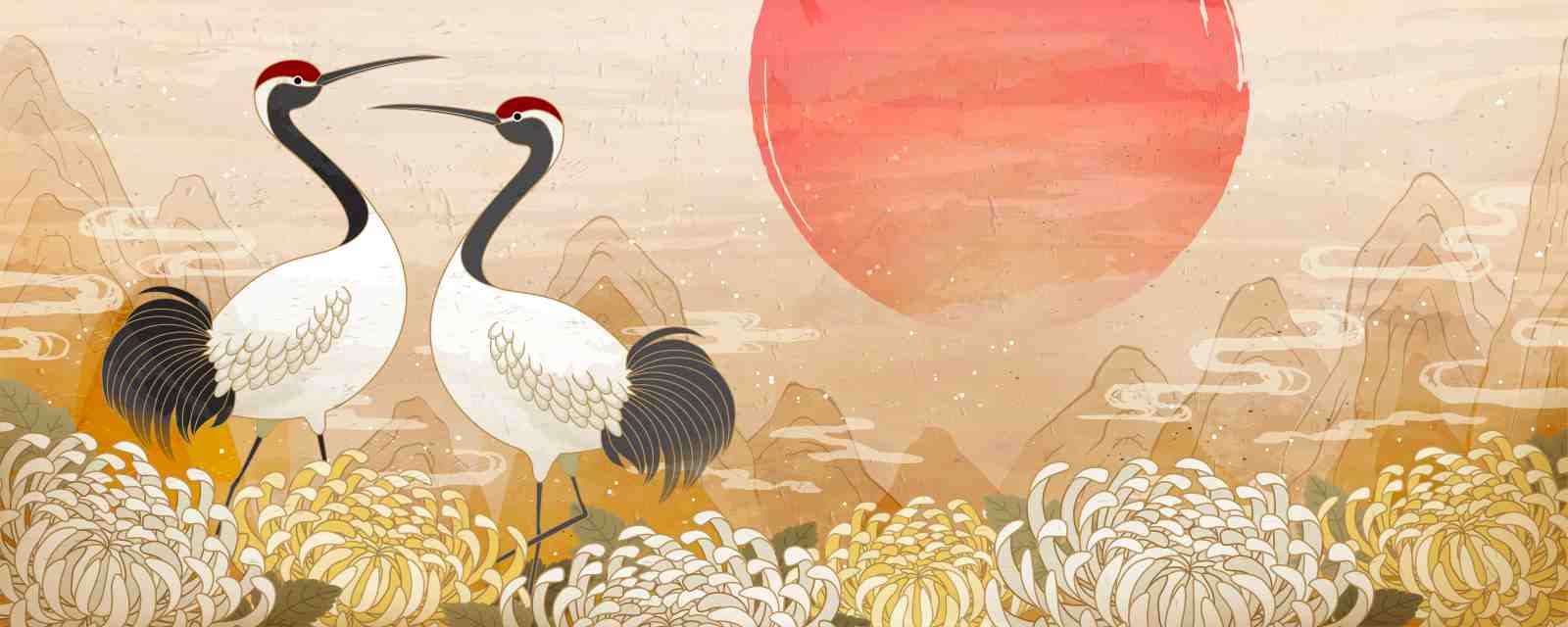 Elegant Cranes & Chrysanthemums Wall Art