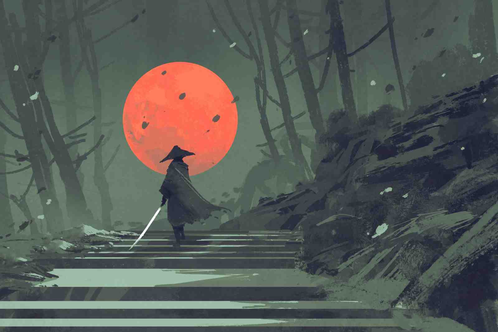 Mysterious Samurai Under Red Moon Wall Art