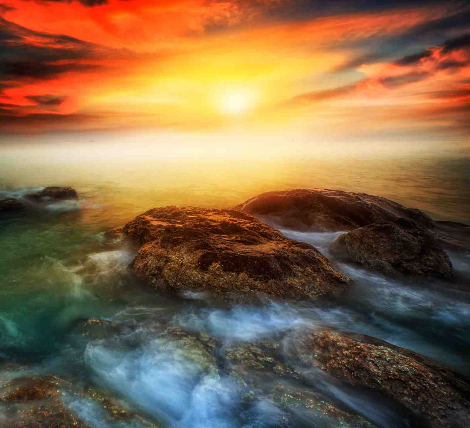 Fiery Sunset Ocean Rocks Wall Art