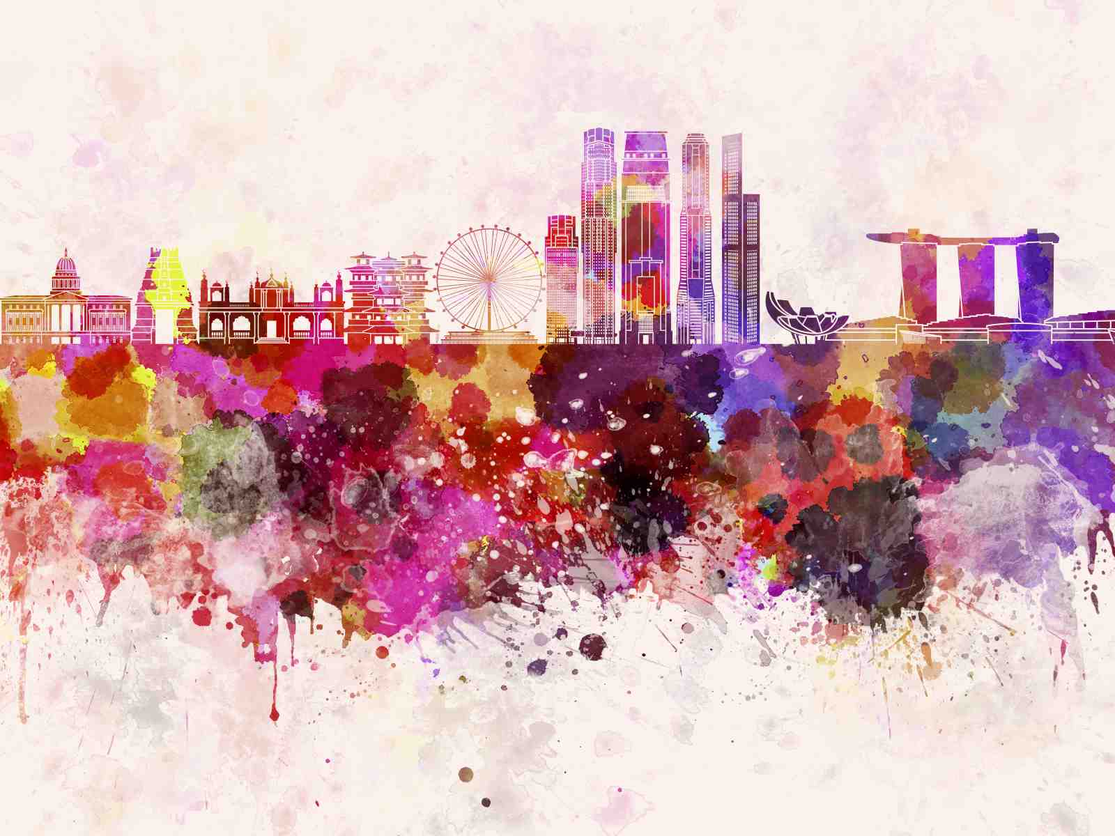 Vibrant Singapore Skyline Watercolor Wall Art