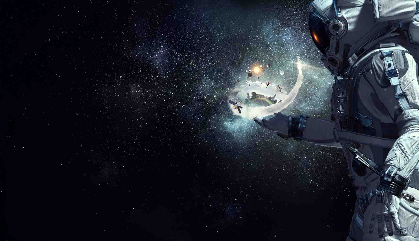 Cosmic Explorer with Floating City Wall Art
