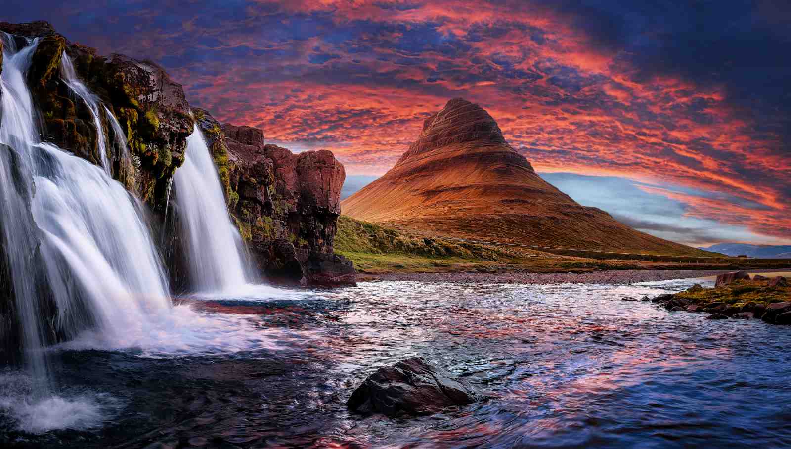 Dramatic Waterfall & Mountain Sunset Wall Art