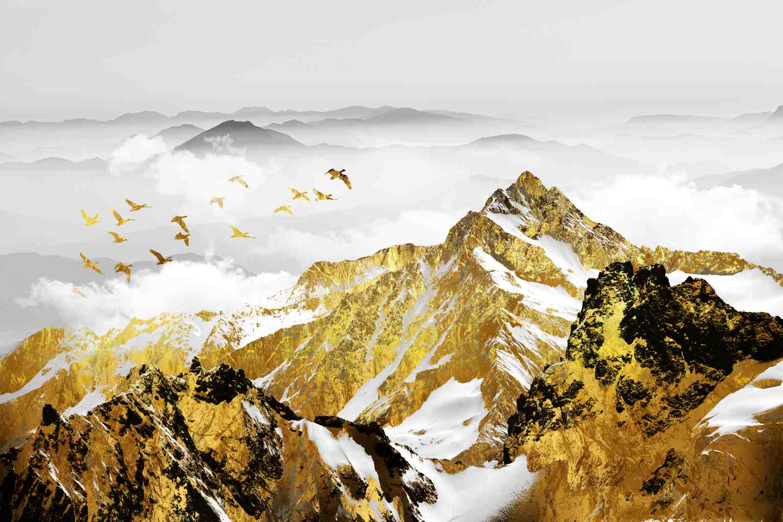 Golden Mountain Birds Wall Art Wall Art
