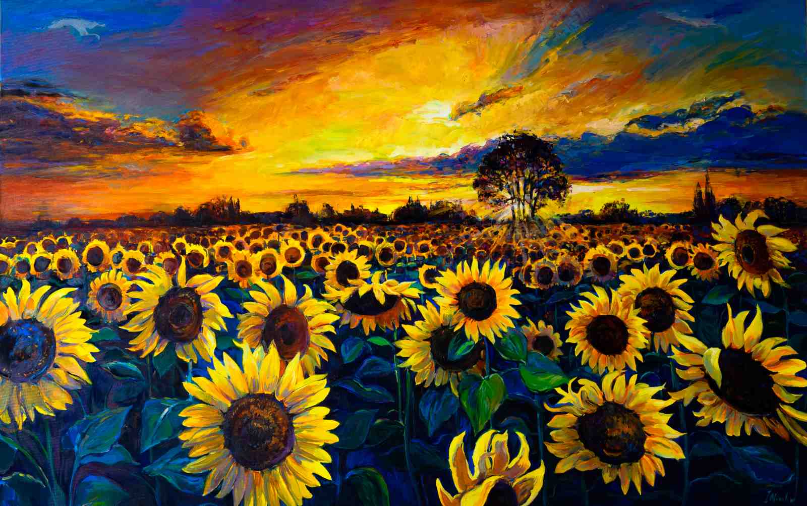 Vibrant Sunset Sunflower Field Wall Art
