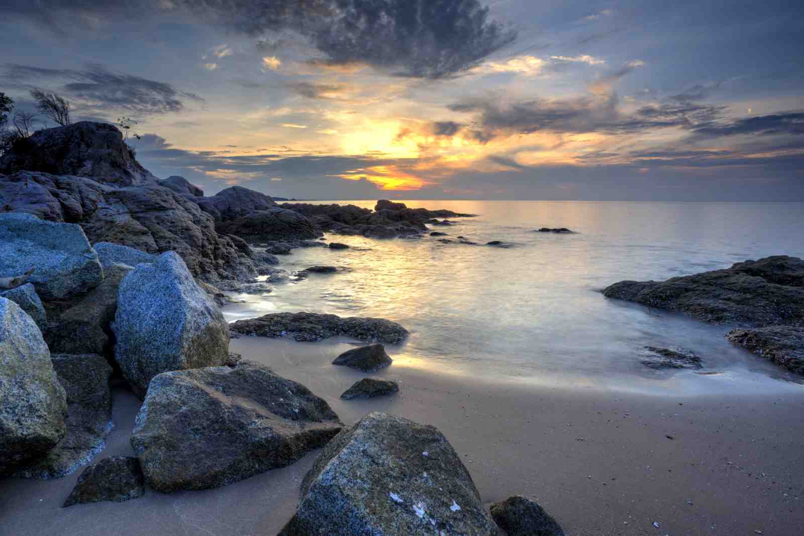 Tranquil Sunset Beach Rocky Coast Wall Art