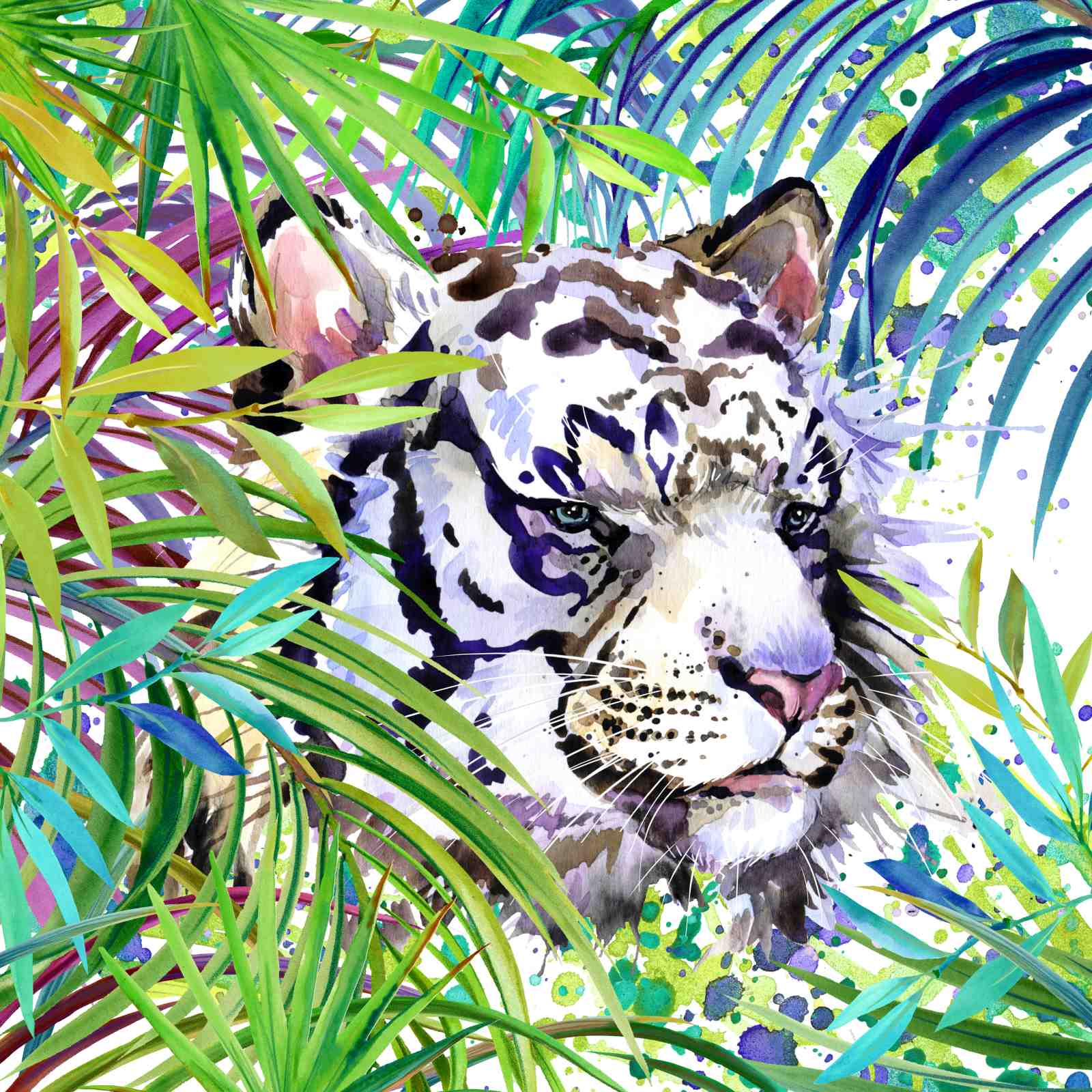 Majestic White Tiger Jungle Watercolor Wall Art