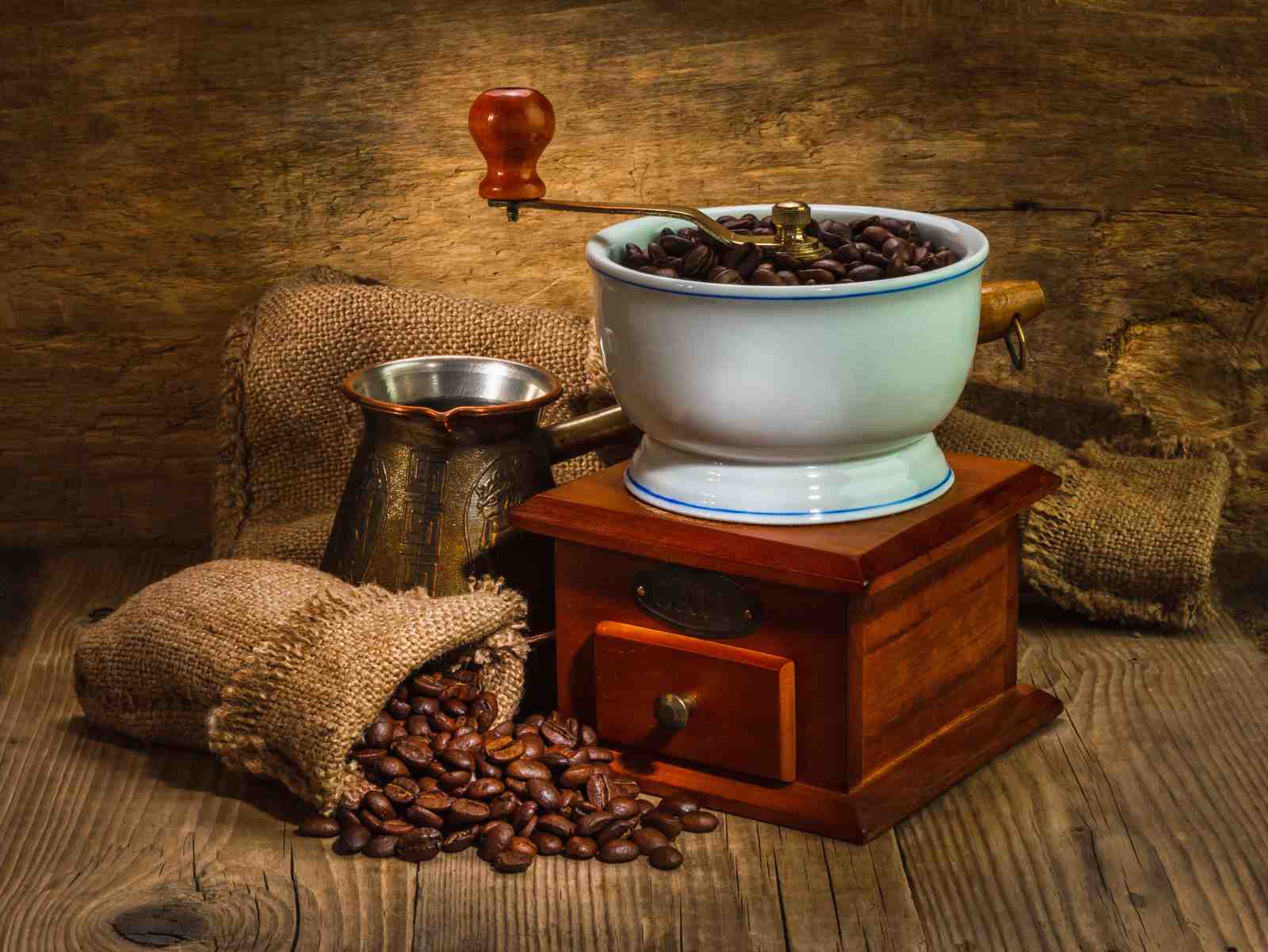 Rustic Coffee Grinder & Beans Wall Art
