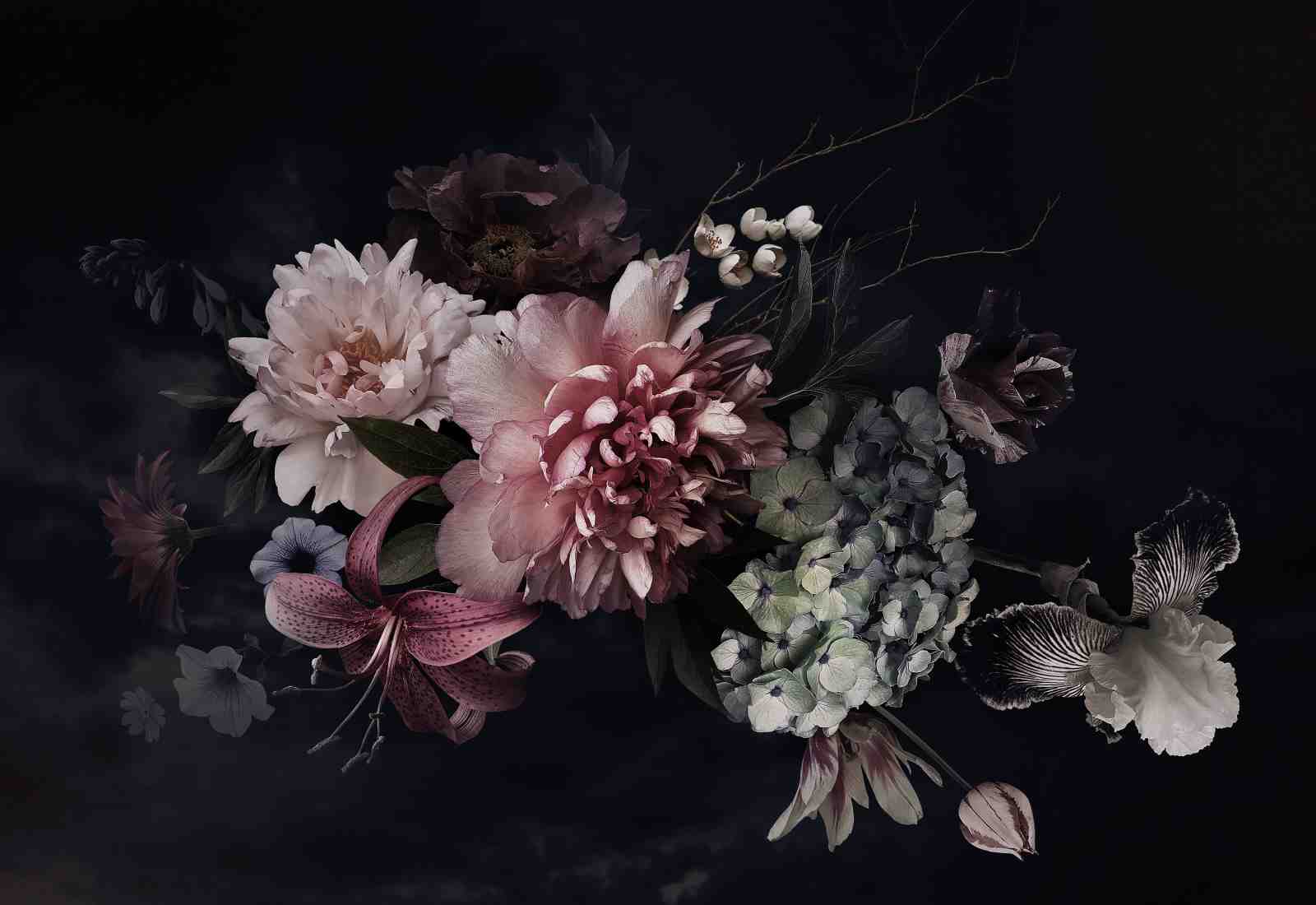 Dark Floral Elegance Peony Lily Hydrangea Wall Art