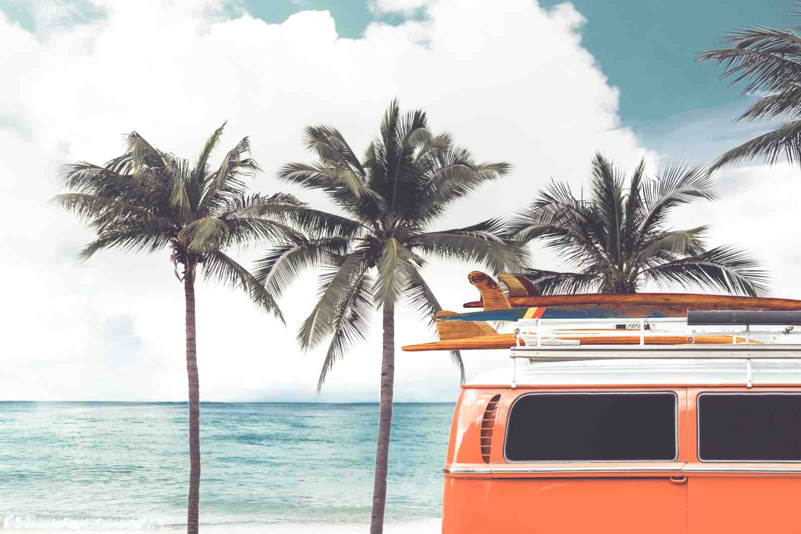 Retro Orange Van & Surfboards Beach Wall Art