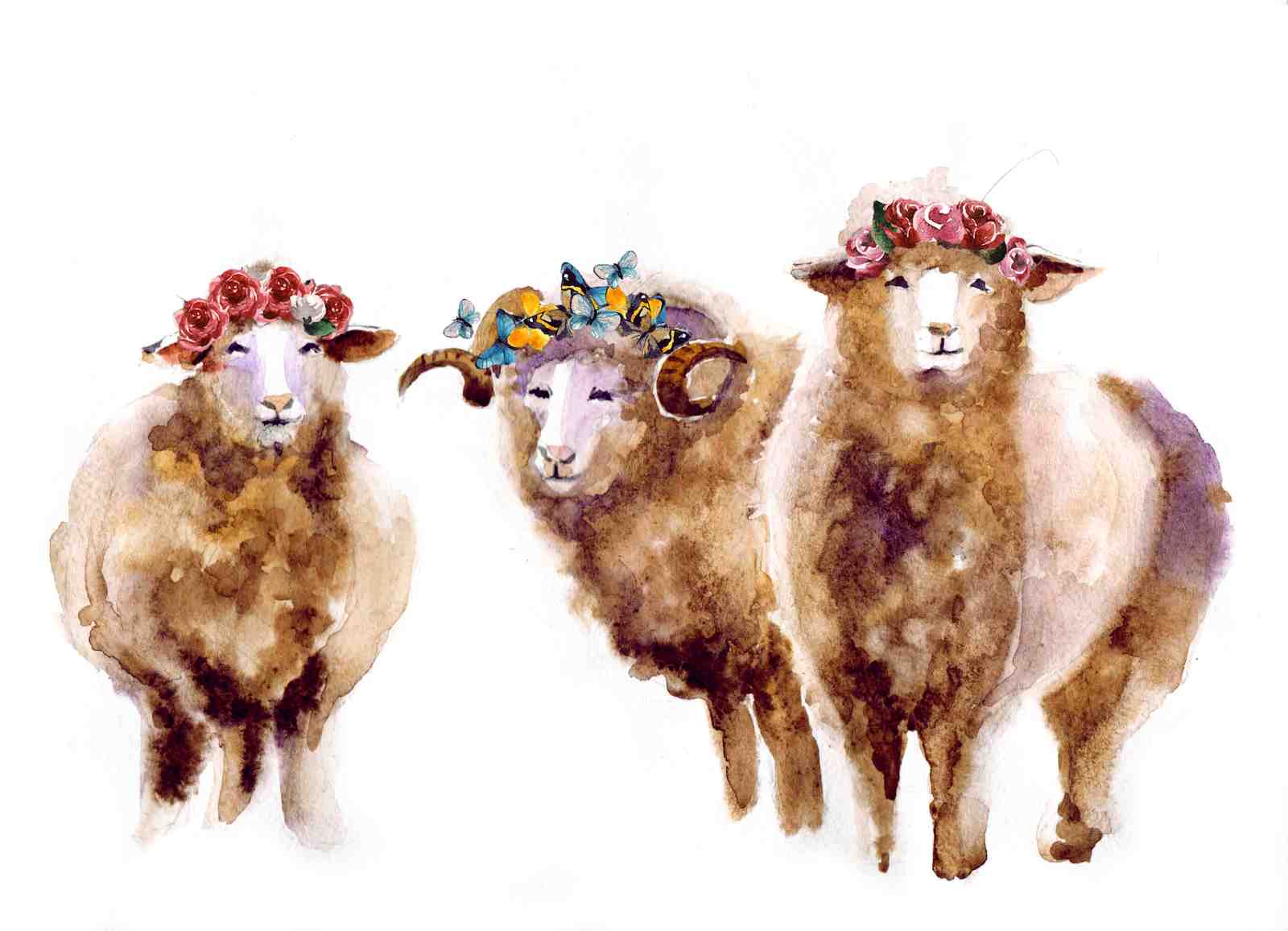 Whimsical Sheep Flower Crown Wall Art
