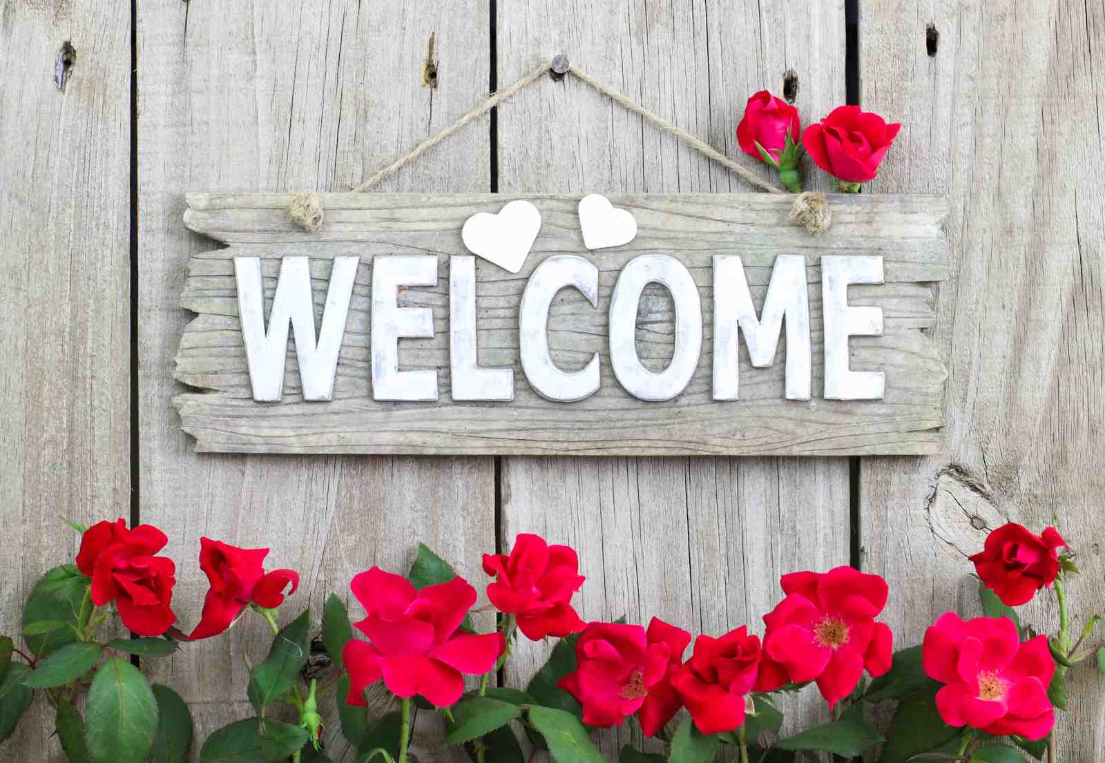 Rustic Welcome Sign with Red Roses Wall Art